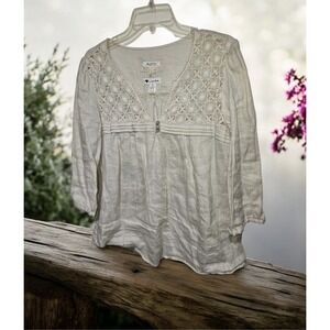 Malvin I Love 100%  Linen Babydoll Lace Cottagecore Peasant Top Shirt Blouse M